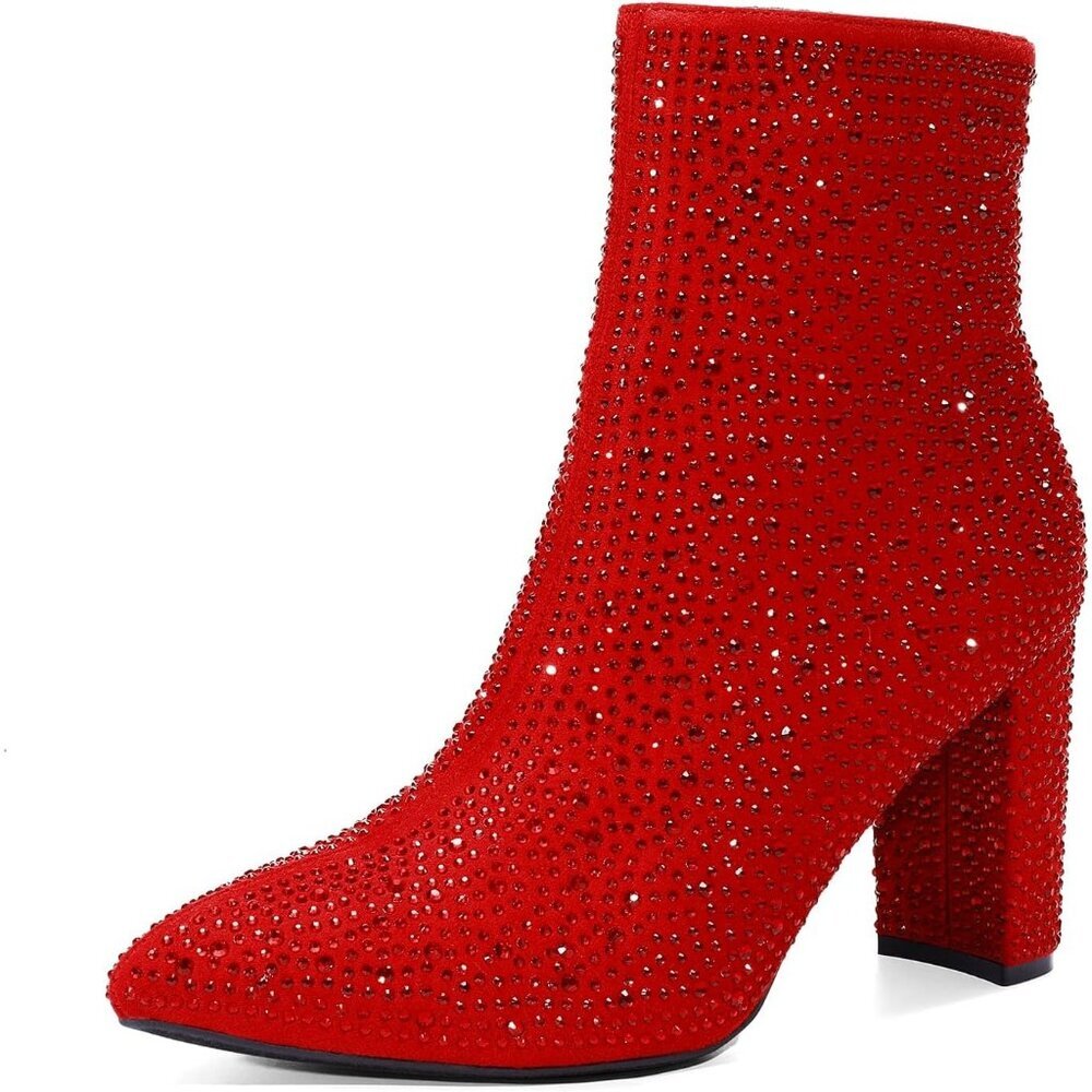 Dream Pairs Women Red-rhinestone Pointed Toe Fur Lining Block Heel Ankle Booties